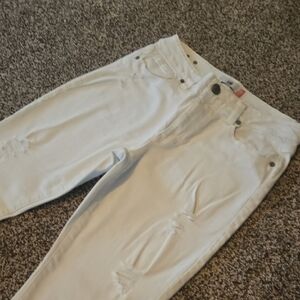 CAbi White Distressed Boyfriend Jeans, High Slim